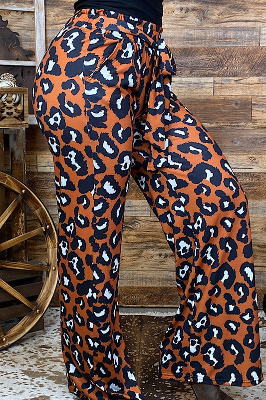 Leopard printed straight wide leg pants w/waist adjustable tie YMY9807
