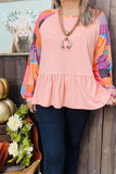 XCH15485 Floral multi color printed long sleeve pink solid color for body w/ruffle bottom women top raglan design