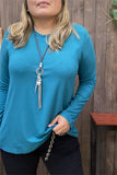 YMY15529 Teal solid color long sleeve women top