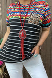 BQ11793 Striped&Aztec&Leopard multi color printed w/front pocket short sleeves women tops