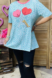 XCH14650 Mint leopard & red hearts printed short sleeve women top