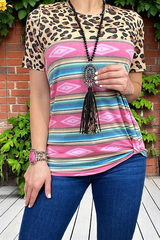Western Plus size Aztec multi color & leopard printed short sleeve top  YMY9996