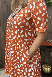 GJQ15562 Rust color white leopard printed short sleeve w/side pockets women dresses