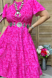 GJQ15908 Fuchsia leopard printed short sleeve w/ruffle women fuchsia dress