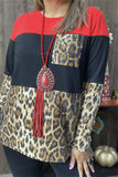 XCH15319 Leopard sequin red/black block solid color w/front pocket long sleeve women tops