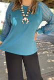 XCH15449 Turquoise solid color long sleeve/lace raglan design women tops