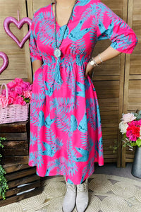 GJQ15990 Mint leaves printed the fuchsia women dress short sleeve w/side pockets &elastic waist band