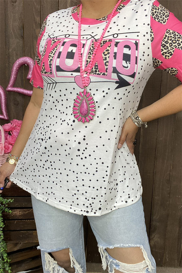 XCH13685 XOXO & Dot & Leopard printed short sleeve women top