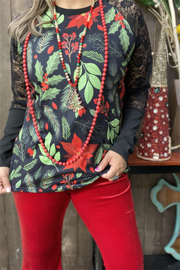 BQ15432 Body leaves&floral green/red color printed raglan long sleeve w/black lace women tops