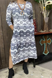 GJQ15566 Aztec gray printed 3/4 sleeve two sides split w/sides pockets women long dresses