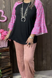 GJQ15595 Paisley Fuchsia&mint color printed 3/4 sleeve w/ruffle black women tops raglan design