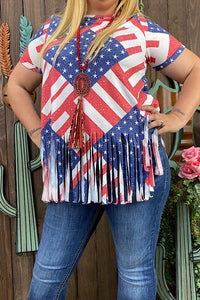 XCH12564 USA flag red strip& blue star bottom tassel/fringe short sleeve women tops