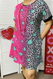 XCH14530 Paisley & Leopard fuchsia/teal heart multi color printed short sleeve women dress