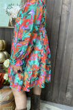 XCH15484 Multi color floral printed long sleeve w/elastic cuff loose women dress