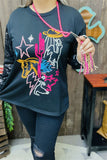 XCH15788 Yellow horse/Fuchsia cactus multi color graphic embroidery  long sleeve w/black sequin women tops