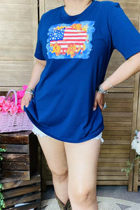 DLH10901 Blue USA Flag printed buffalo short sleeve women blue tops (GS10)