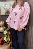 XCH15220 Santa Claus sequin patch in the baby pink bottom side split long sleeve women blouse