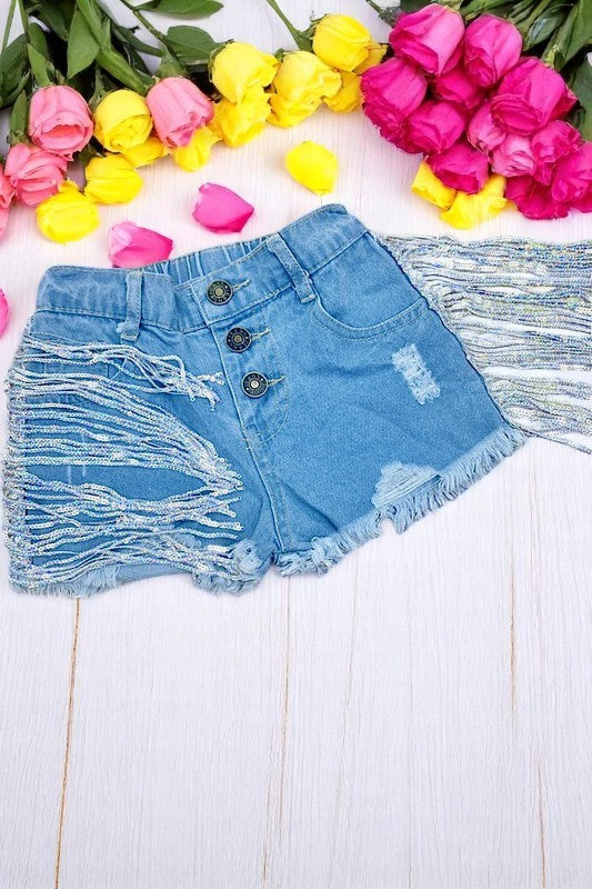 Wholesale girls denim shorts Blue denim girl distressed shorts w/shiny fringe tassels 230114M