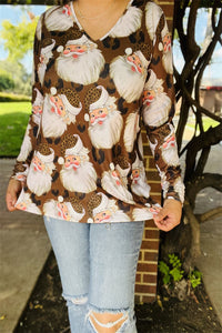 XCH15695 Santa Claus&leopard  printed for Christmas holiday long sleeve women brown tops