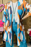 GJQ15773 Tan/turquoise multi color geometric graphic printed short sleeve cardigan &turquoise pants women sets