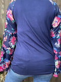 GJQ14444 Floral multi color printed long bell sleeve navy women tops
