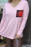 BQ8142 Pink long sleeve w/plaid printed back women tops (ES2)