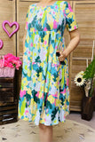 GJQ15229 Turquoise/D.green multi color printed short sleeve women dress w/elastic breast &side pockets