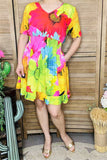 GJQ15888 Colorful big floral printed short sleeve women dress w/side pockets &elastic waist band