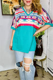 GJQ9673-2 Bull/Aztec&Turquoise block solid color printed short sleeve women top