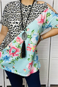 GJQ10637 Half leopard/floral top half w/cold shoulder short sleeve women tops (ES1)