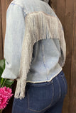 Long sleeve denim women coat with pocket and back with fringe DLH13702