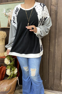 BQ15021 Cactus&dots solid gray black block printed long sleeve drop shoulder women tops IS22