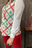 XCH15325 Green/red Christmas elements graphic printed long sleeve w/white lace&tighten cuff women tops