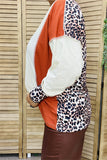 XCH15274 Leopard printed neckline trim&cuff and back solid color orange/white V-neckline women tops