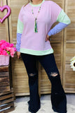 BQ15555 Mint/purple/pink solid color printed long sleeve women tops w/side splits FS4