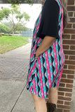 YMY15527 Turquoise&fuchsia color printed black short sleeve w/side pockets women dresses