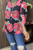 GJQ15749 Turquoise/Fuchsia/Orange floral printed 3/4 sleeve w/side split women black tops w/v-neckline