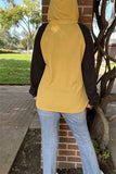 BQ15467 Block yellow&black color knitted fabric hoodie w/string&buttons long sleeve women tops