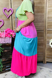 BQ14640-1 Green/pink/blue/fuchsia women long dress w/elastic upper short sleeve/ruffle w/side pockets