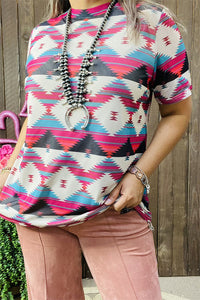 XCH15689 Teal/fuchsia Aztec multi color printed short sleeve women tighten top