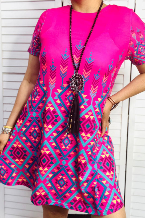XCH14125 Aztec multi color printed in the fuchsia fabric short sleeves women dresses