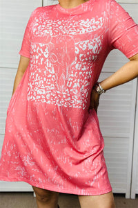 XCH14091 Bull & leopard prints coral color fabric short sleeve women dress w/pockets (AS2)