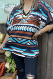 GJQ15393 Aztec teal&brown color printed loose short sleeve women tops