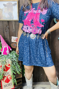 XCH14366 Fuchsia boot graphic blue leopard printed short sleeve w/side pockets women dress