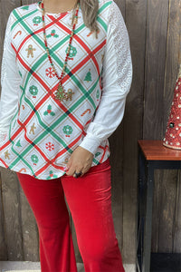 XCH15325 Green/red Christmas elements graphic printed long sleeve w/white lace&tighten cuff women tops