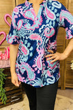 GJQ15885 Pink&mint paisley multi color printed short sleeve w/ruffle V-necklace navy women tops