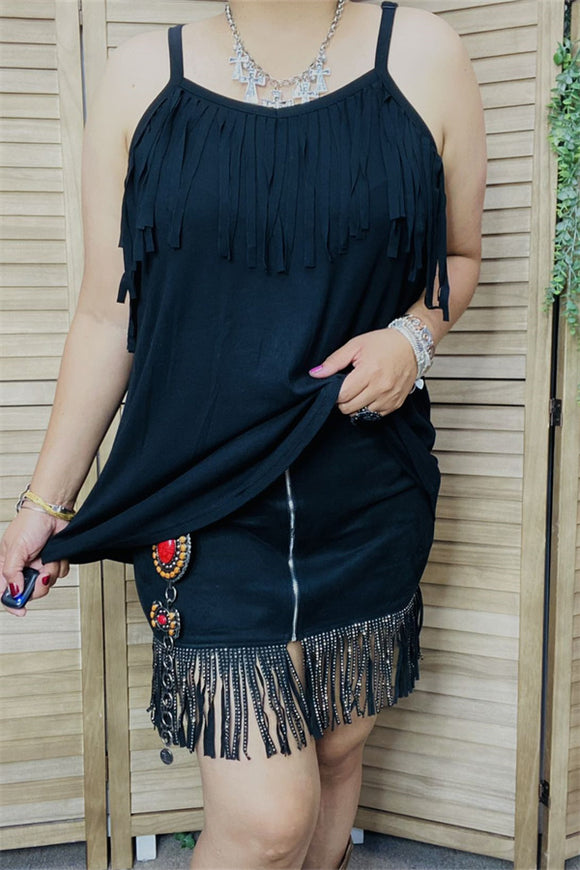 BQ13619 Black solid w/tassel&fringe with adjustable band women tank tops