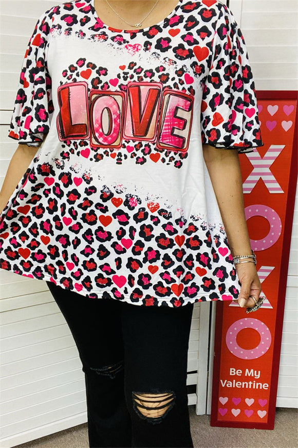 XCH14606 LOVE leopard multi color printed short sleeve women top/T-shirt