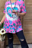 XCH12893  "BYE"heart&Jewel turquoise/pink multi color printed short sleeve women top for valentine holiday