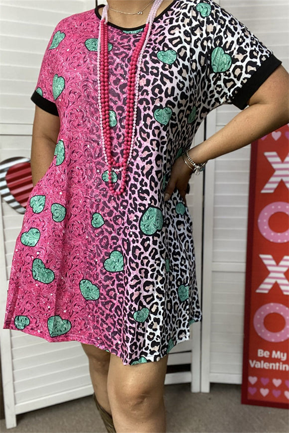 XCH14530 Paisley & Leopard fuchsia/teal heart multi color printed short sleeve women dress